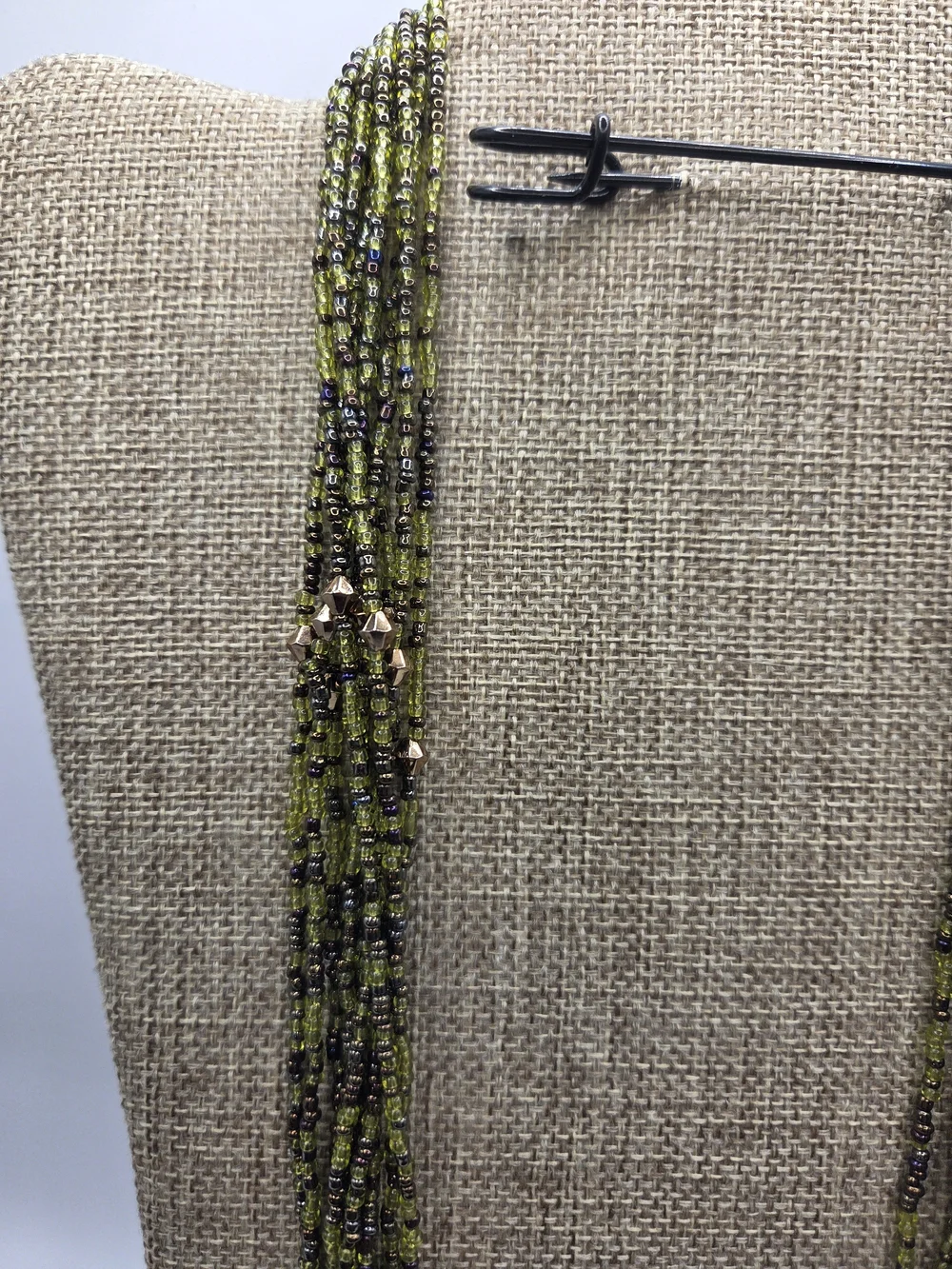 1599. Vintage Multi-Strand Olive Green Beaded Women's Necklace